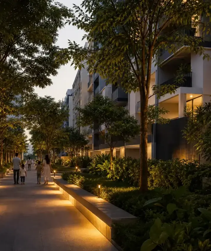 A lit promenade under the trees at evening