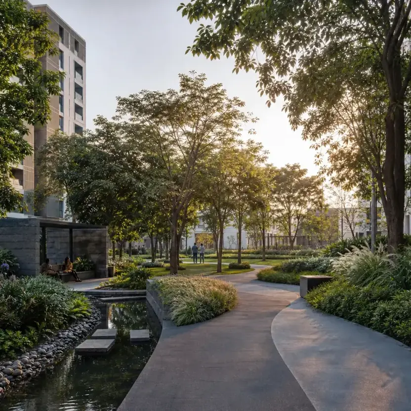 A landscaped courtyard with a stream and a winding path