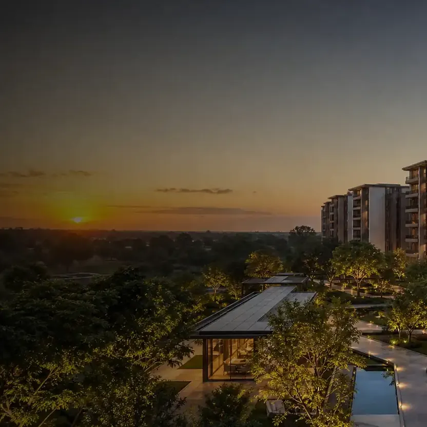A pavilion overlooking the landscape at sunset
