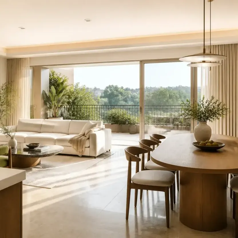 A living and dining room opening onto a balcony