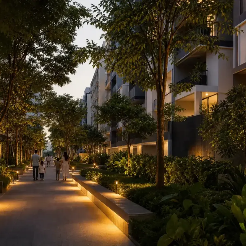 A tree-lined promenade at evening